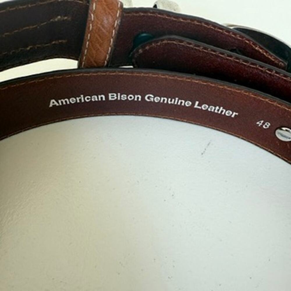 Western Tooled Silver Buckle‎ Belt American Bison Leather Brown Size 48 Cowboy - Picture 5 of 9